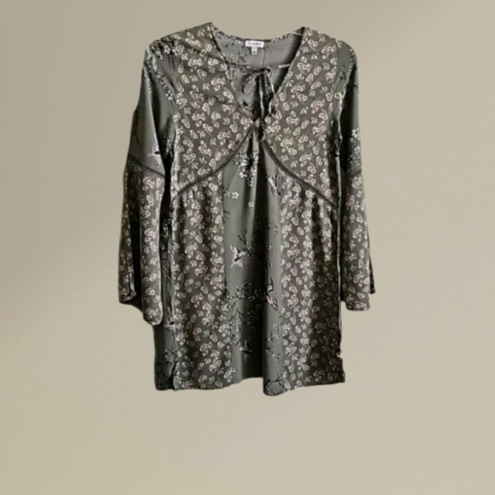 Love fire green floral bird print boho mini dress small